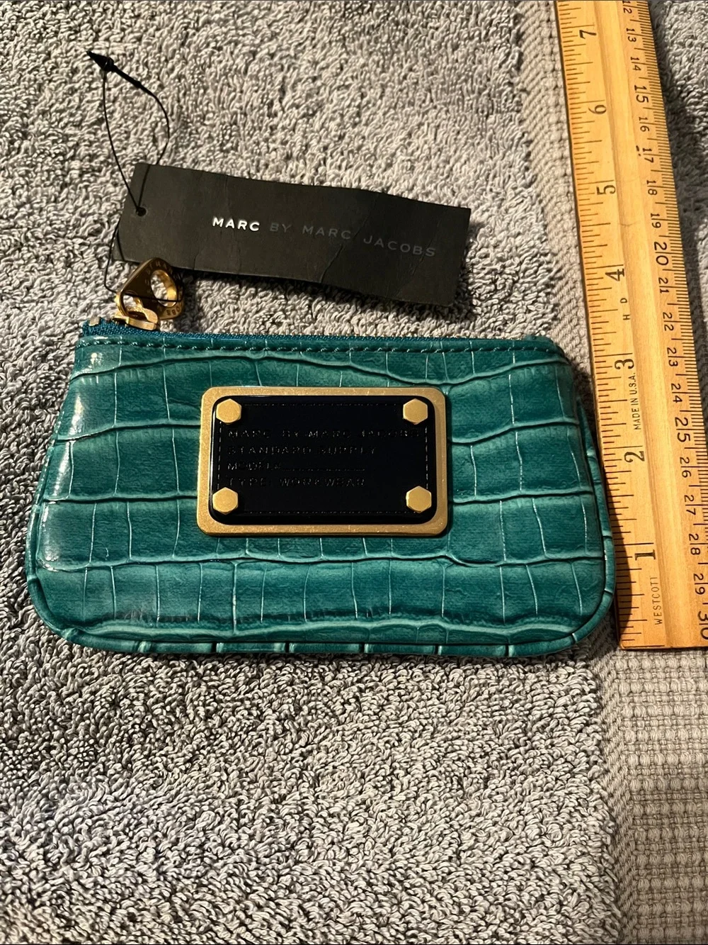 NWT Marc by Marc Jacobs Teal Croc-Embossed Zip Coin Pouch with Black Brass Plate